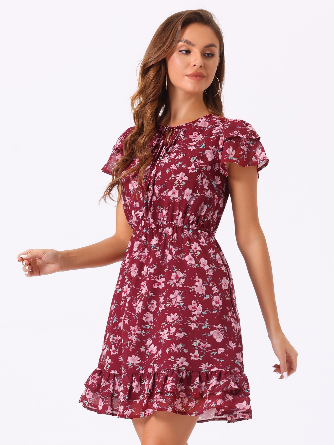 Allegra K Ruffle Sleeve Self-Tie V Neck Above Knee A-Line Floral Chiffon Dress