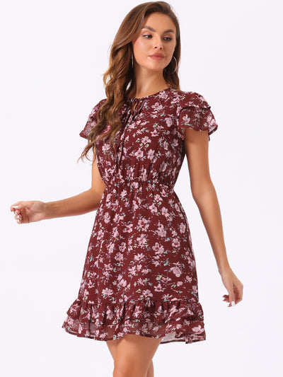 Allegra K Ruffle Sleeve V Neck Above Knee A-Line Floral Chiffon Dress