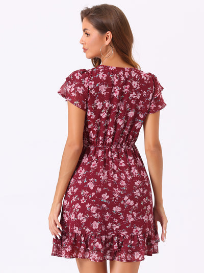 Ruffle Sleeve Self-Tie V Neck Above Knee A-Line Floral Chiffon Dress