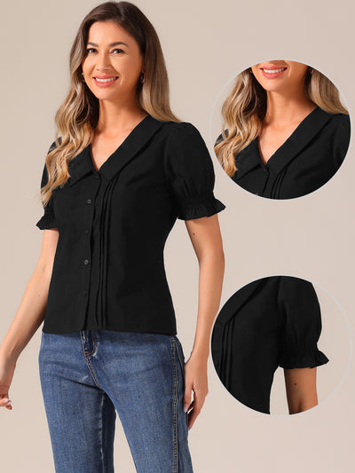 Button Down Shirt Pleated Short Sleeve V Neck Top