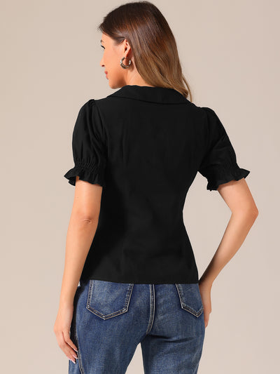 Button Down Shirt Pleated Short Sleeve V Neck Top