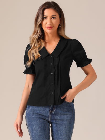 Button Down Shirt Pleated Short Sleeve V Neck Top