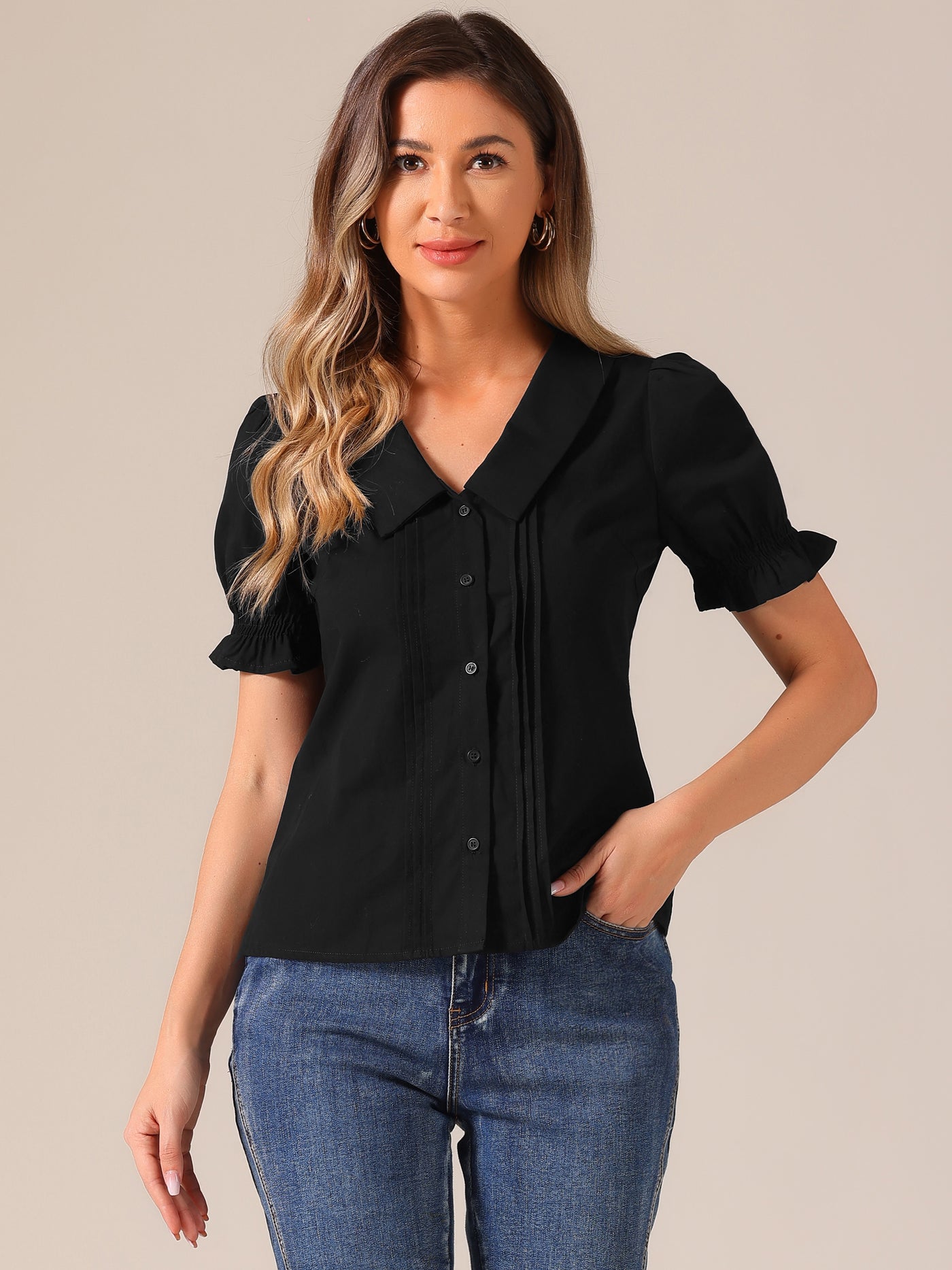 Allegra K Button Down Shirt Pleated Short Sleeve V Neck Top