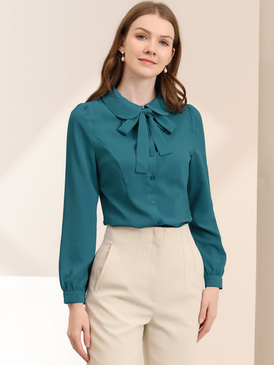 Allegra K Peter Pan Collar Chiffon Bow Tie Neck Puff Sleeve Button Blouse