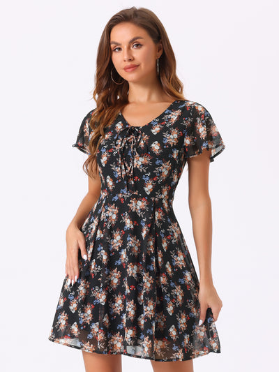 Floral Printed Flare Short Sleeve Lace-up V Neck Chiffon Dress