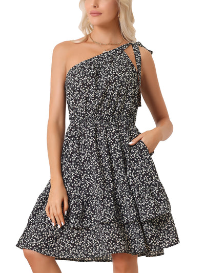 One Shoulder Ruffle Tiered Floral Mini Dress Sundress