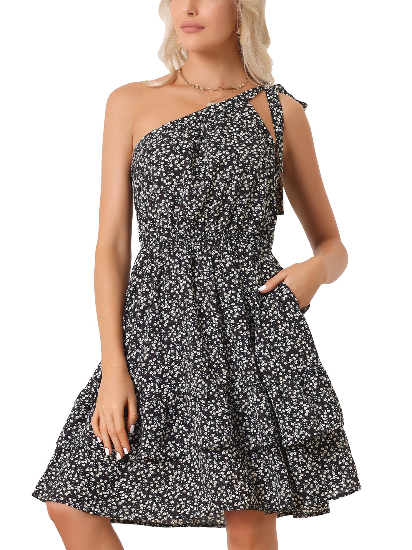 Allegra K One Shoulder Ruffle Tiered Floral Mini Dress Sundress