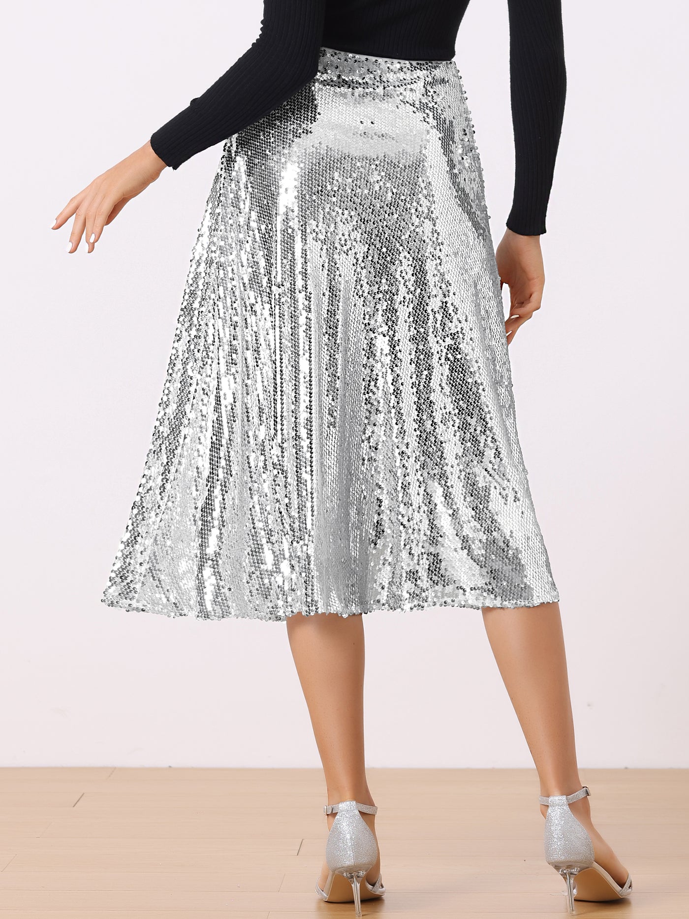 Allegra K Sequin Sparkly High Waist Glitter Cocktail Party Midi Skirt