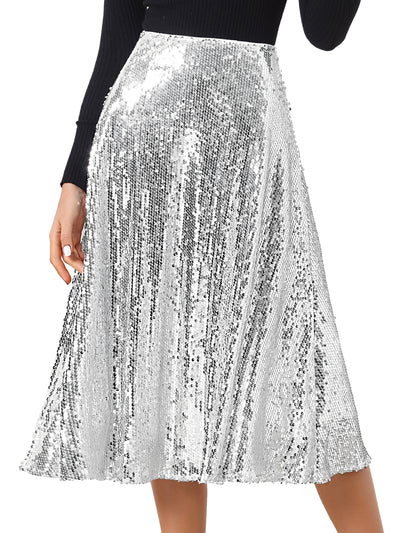 Sequin Sparkly High Waist Glitter Cocktail Party Midi Skirt