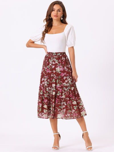 Chiffon Floral Printed Long Tiered Ruffle Boho Midi Skirt