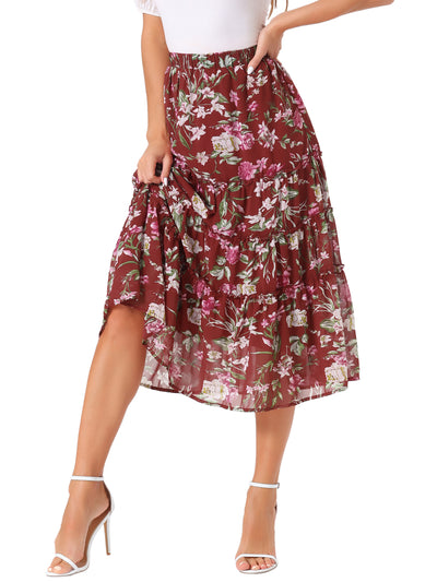 Chiffon Floral Printed Long Tiered Ruffle Boho Midi Skirt