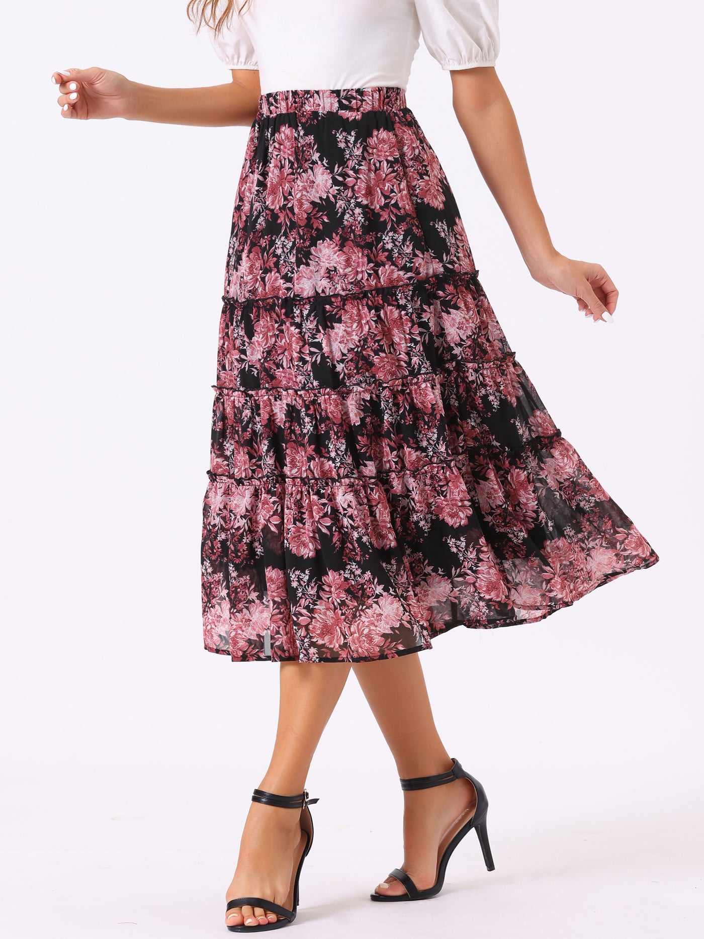 Allegra K Chiffon Floral Printed Long Tiered Ruffle Boho Midi Skirt