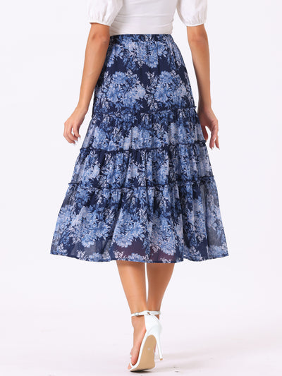 Chiffon Floral Printed Long Tiered Ruffle Boho Midi Skirt