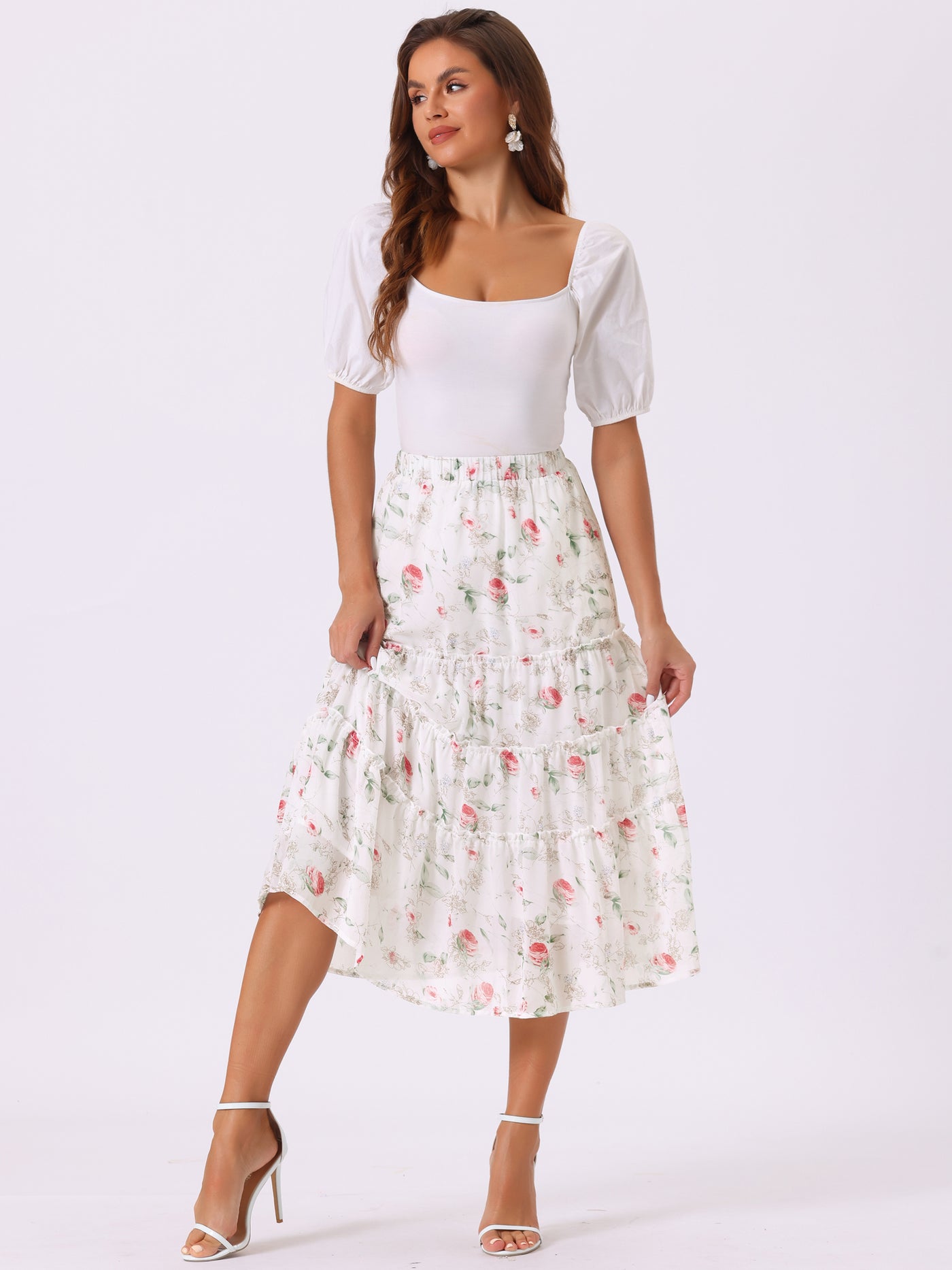 Allegra K Chiffon Floral Printed Long Tiered Ruffle Boho Midi Skirt