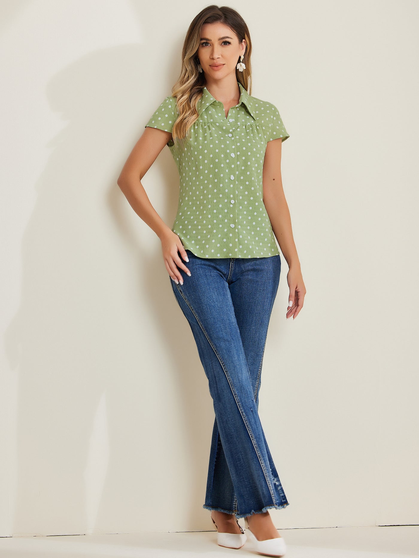 Allegra K Short Sleeve Tops Vintage Polka Dots Button Up Shirt