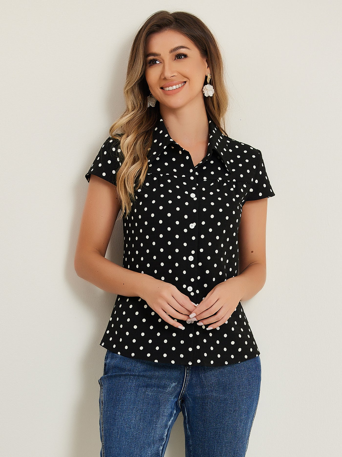 Allegra K Short Sleeve Tops Vintage Polka Dots Button Up Shirt