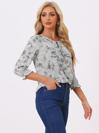 Floral Tops Bow Tie Neck Vintage 3/4 Sleeve Blouse