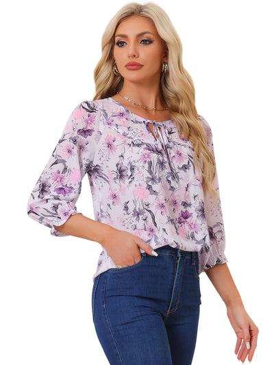 Floral Tops Bow Tie Neck Vintage 3/4 Sleeve Blouse