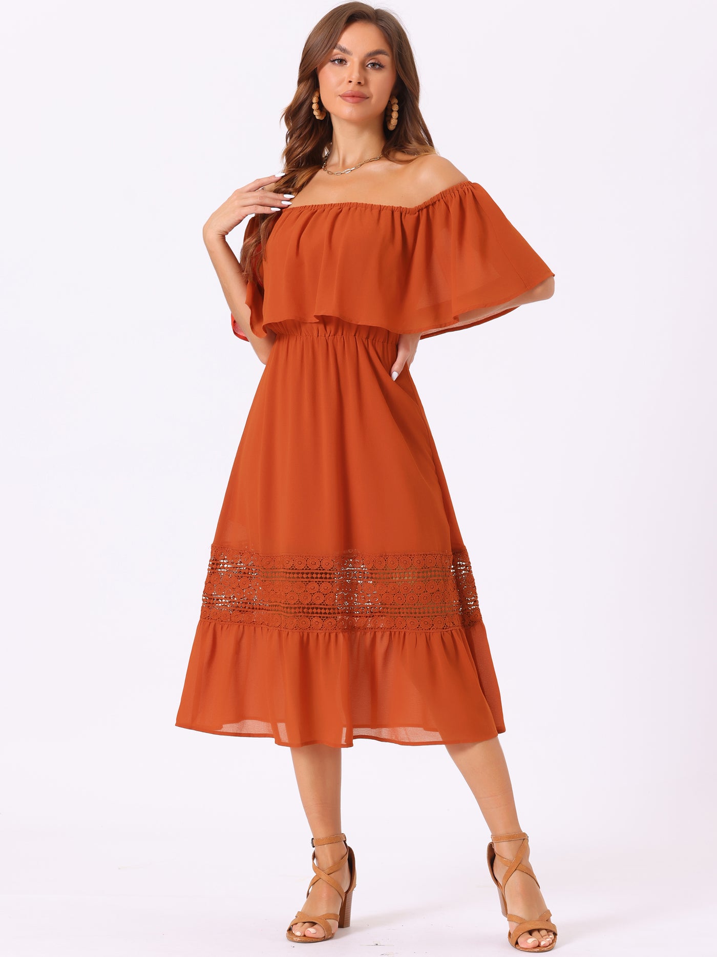 Allegra K Off The Shoulder Ruffle Lace Insert Beach Party Midi Dress