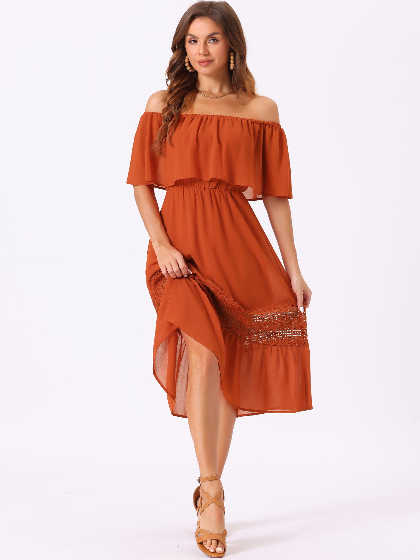 Allegra K Off The Shoulder Ruffle Lace Insert Beach Party Midi Dress