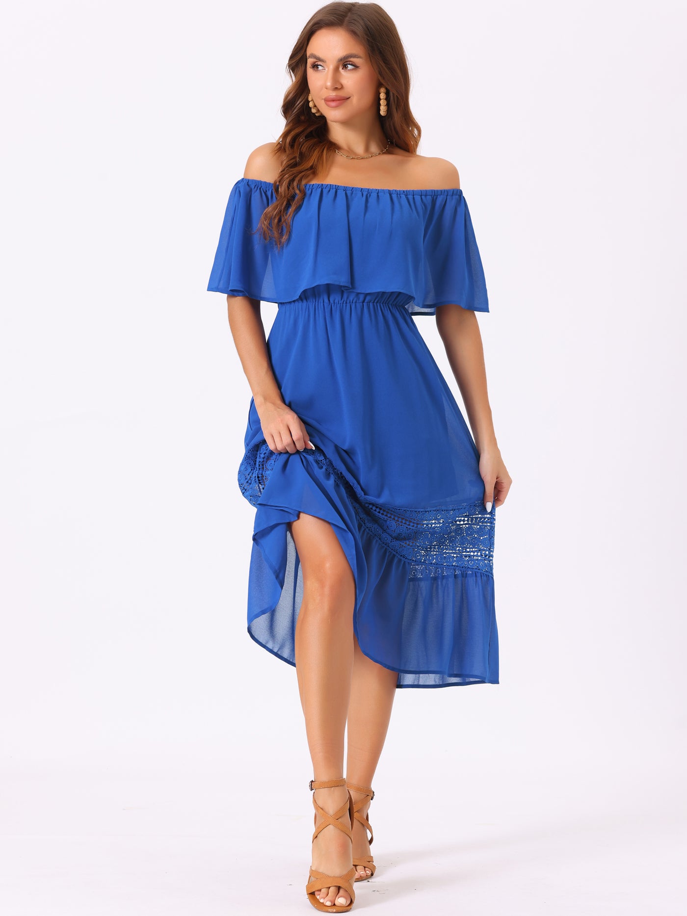 Allegra K Off The Shoulder Ruffle Lace Insert Beach Party Midi Dress