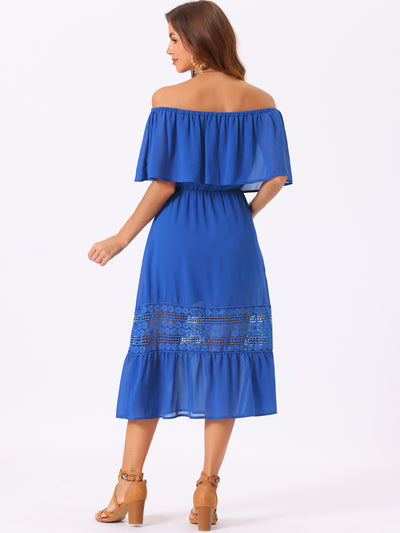 Off The Shoulder Ruffle Lace Insert Beach Party Midi Dress