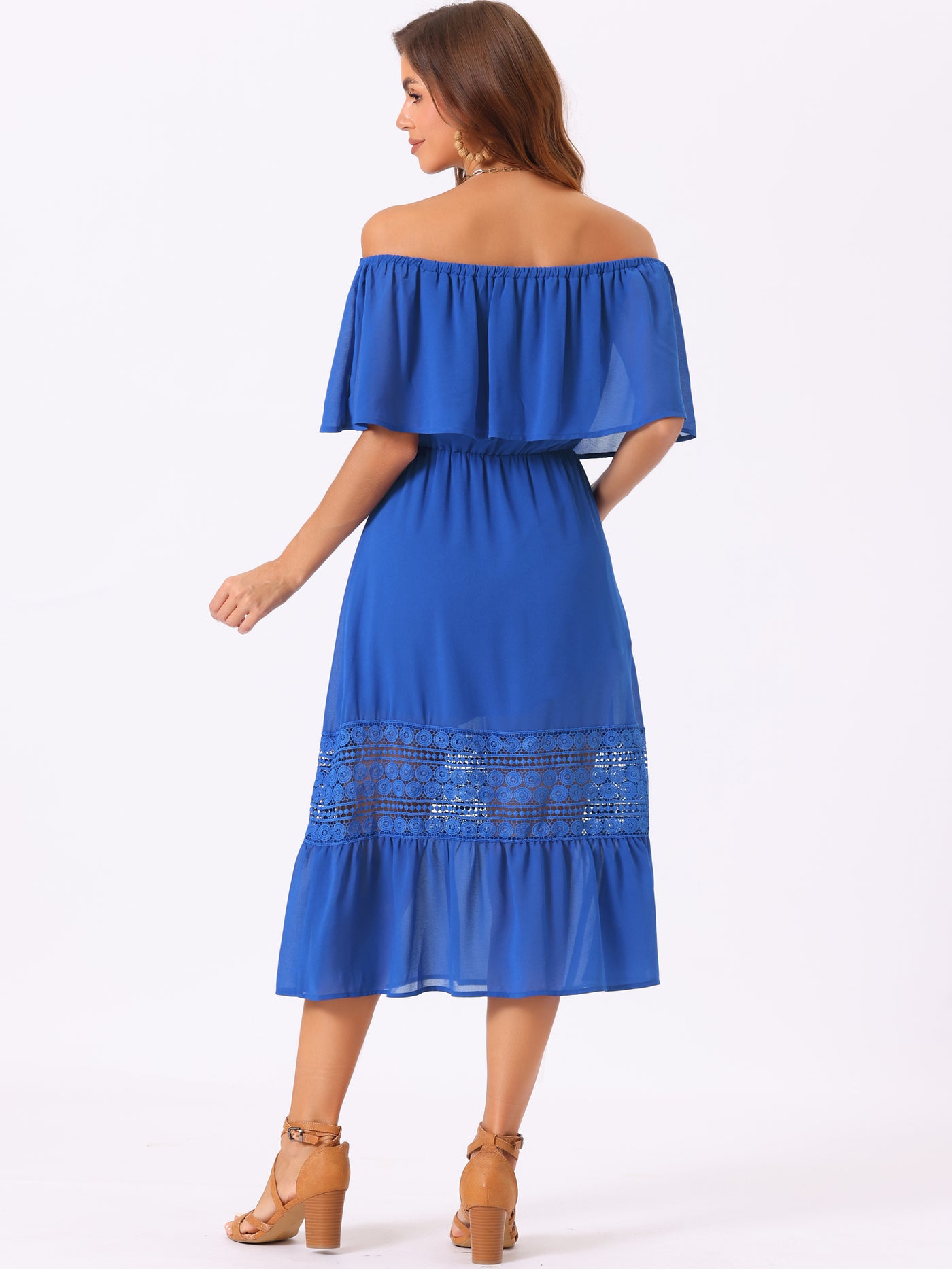 Allegra K Off The Shoulder Ruffle Lace Insert Beach Party Midi Dress