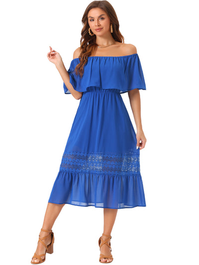 Off The Shoulder Ruffle Lace Insert Beach Party Midi Dress