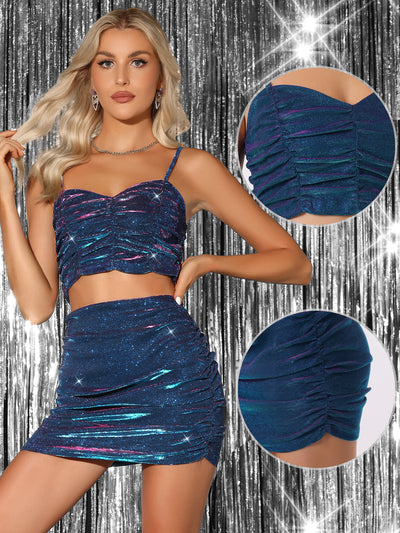 2 Pieces Glitter Ruched Spaghetti Strap Cami Cropped Top & Bodycon Mini Skirt Set