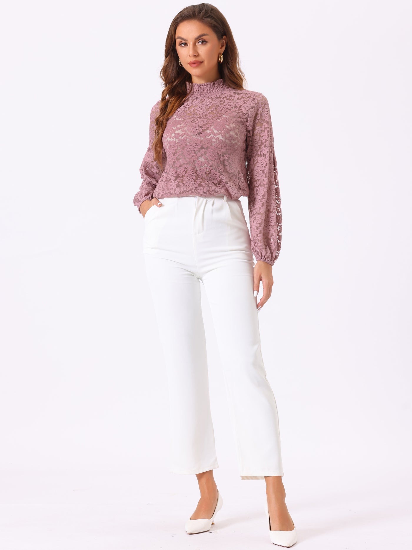 Allegra K Floral Lace Top Turtleneck Puff Long Sleeve See Through Sheer Blouse