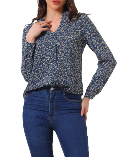 Chiffon Floral Tops V Neck Long Sleeve Button-Up Blouse Shirt