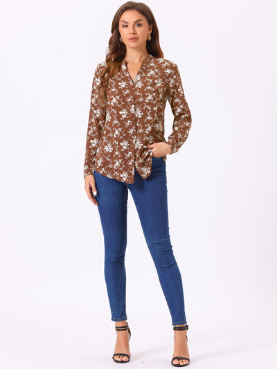 Chiffon Floral Tops V Neck Long Sleeve Button-Up Blouse Shirt