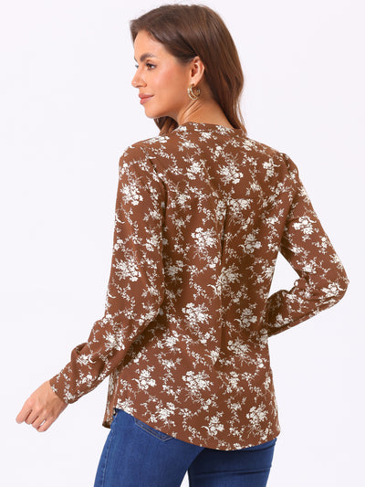 Chiffon Floral Tops V Neck Long Sleeve Button-Up Blouse Shirt