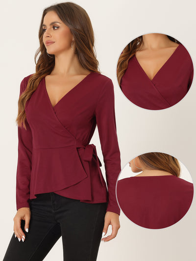 Casual Wrap Peplum V Neck Long Sleeve Tie Waist Knit Blouse