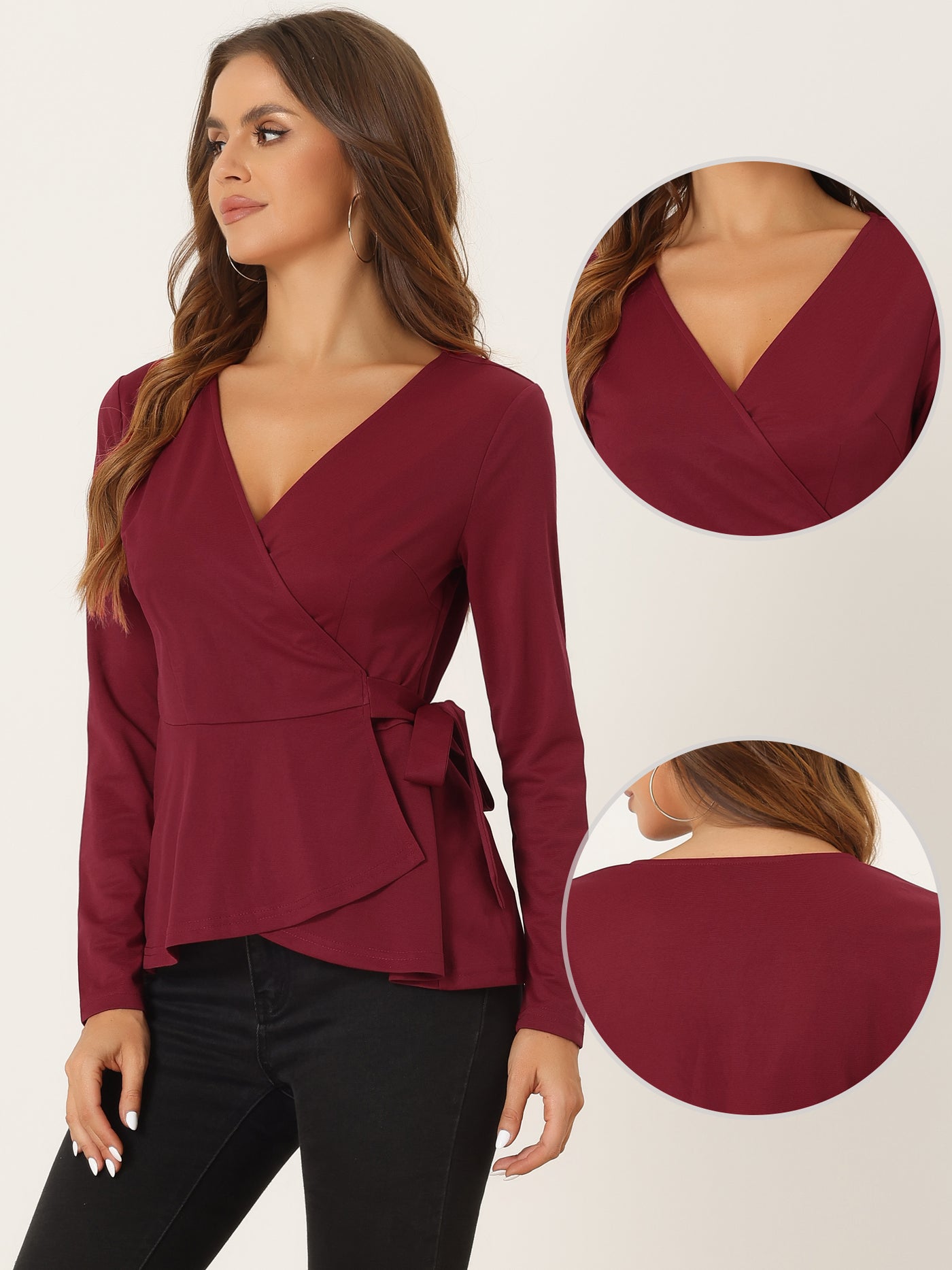 Allegra K Casual Wrap Peplum V Neck Long Sleeve Tie Waist Knit Blouse