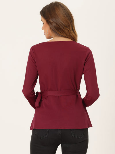 Casual Wrap Peplum V Neck Long Sleeve Tie Waist Knit Blouse