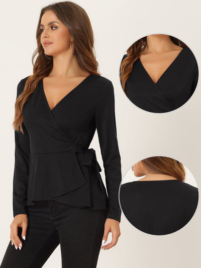 Casual Wrap Peplum V Neck Long Sleeve Tie Waist Knit Blouse