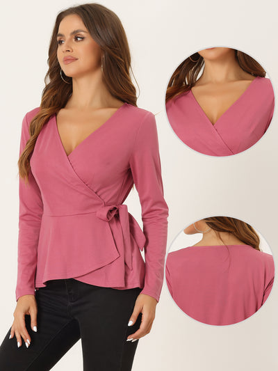 Casual Wrap Peplum V Neck Long Sleeve Tie Waist Knit Blouse