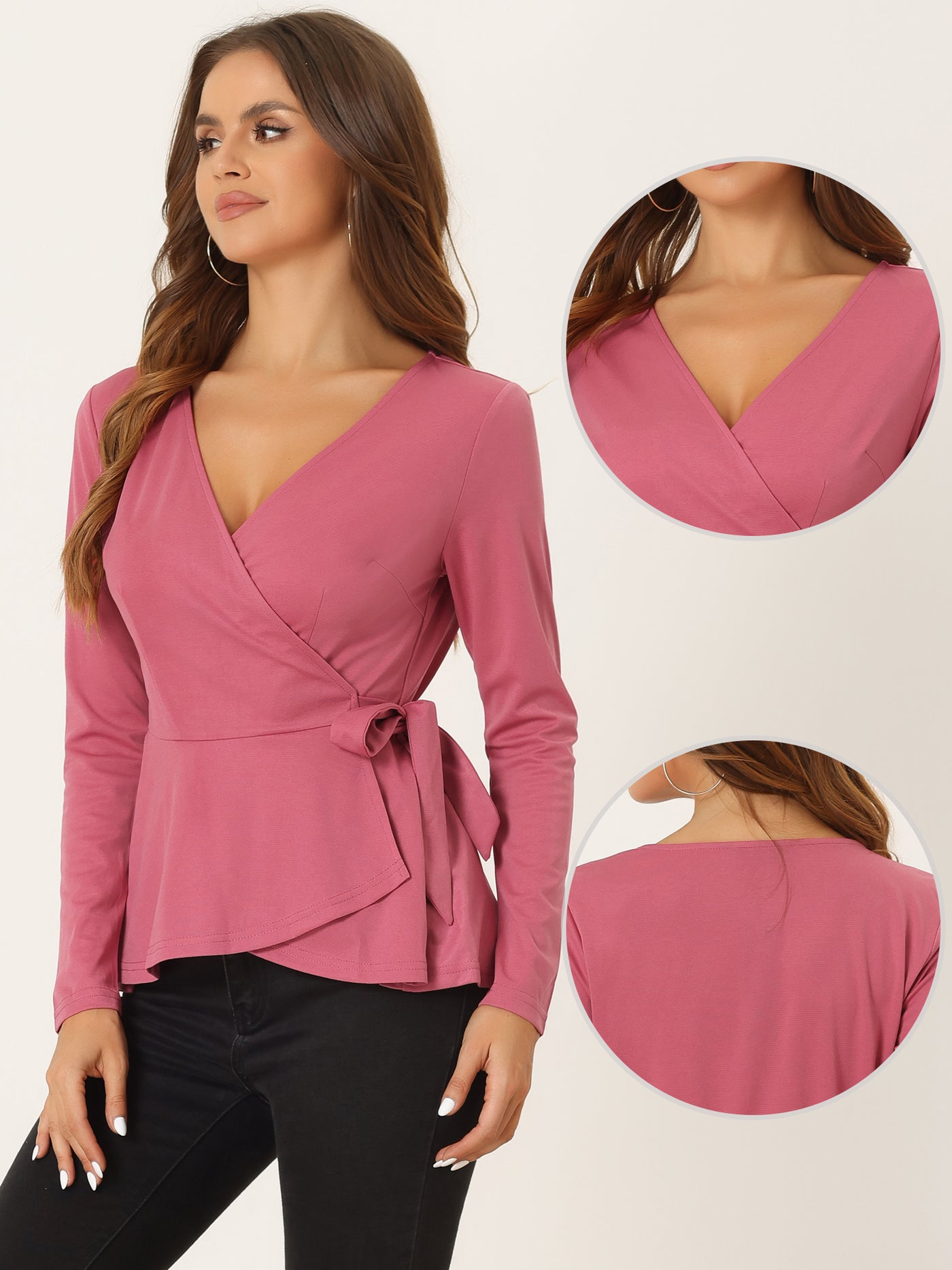 Allegra K Casual Wrap Peplum V Neck Long Sleeve Tie Waist Knit Blouse