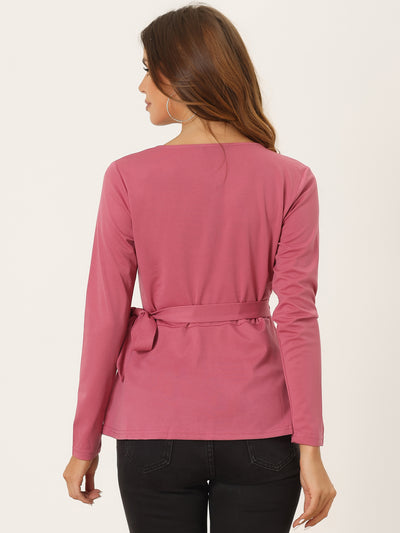 Casual Wrap Peplum V Neck Long Sleeve Tie Waist Knit Blouse