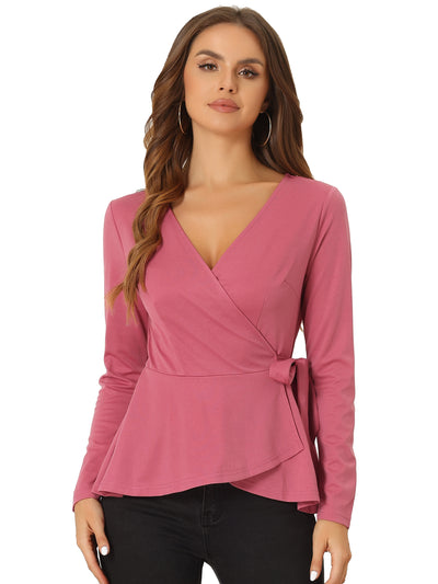 Casual Wrap Peplum V Neck Long Sleeve Tie Waist Knit Blouse