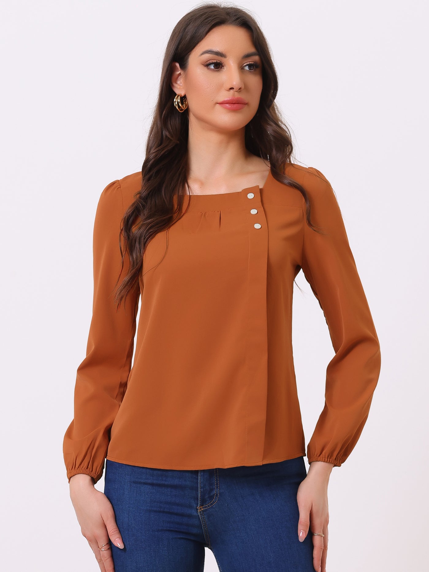 Allegra K Long Sleeve Casual Solid Square Neck Top