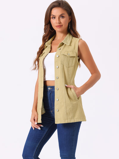 Casual Button Down Waistcoat Sleeveless Mid Long Denim Vest