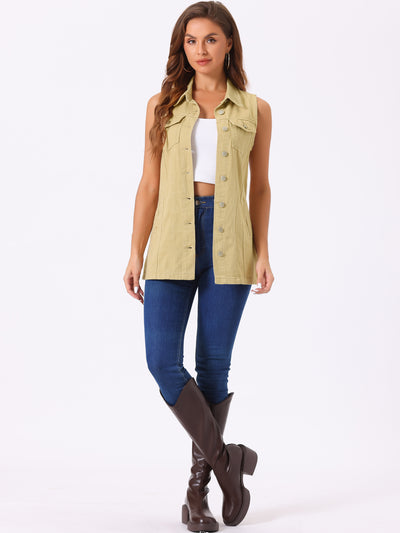 Casual Button Down Waistcoat Sleeveless Mid Long Denim Vest