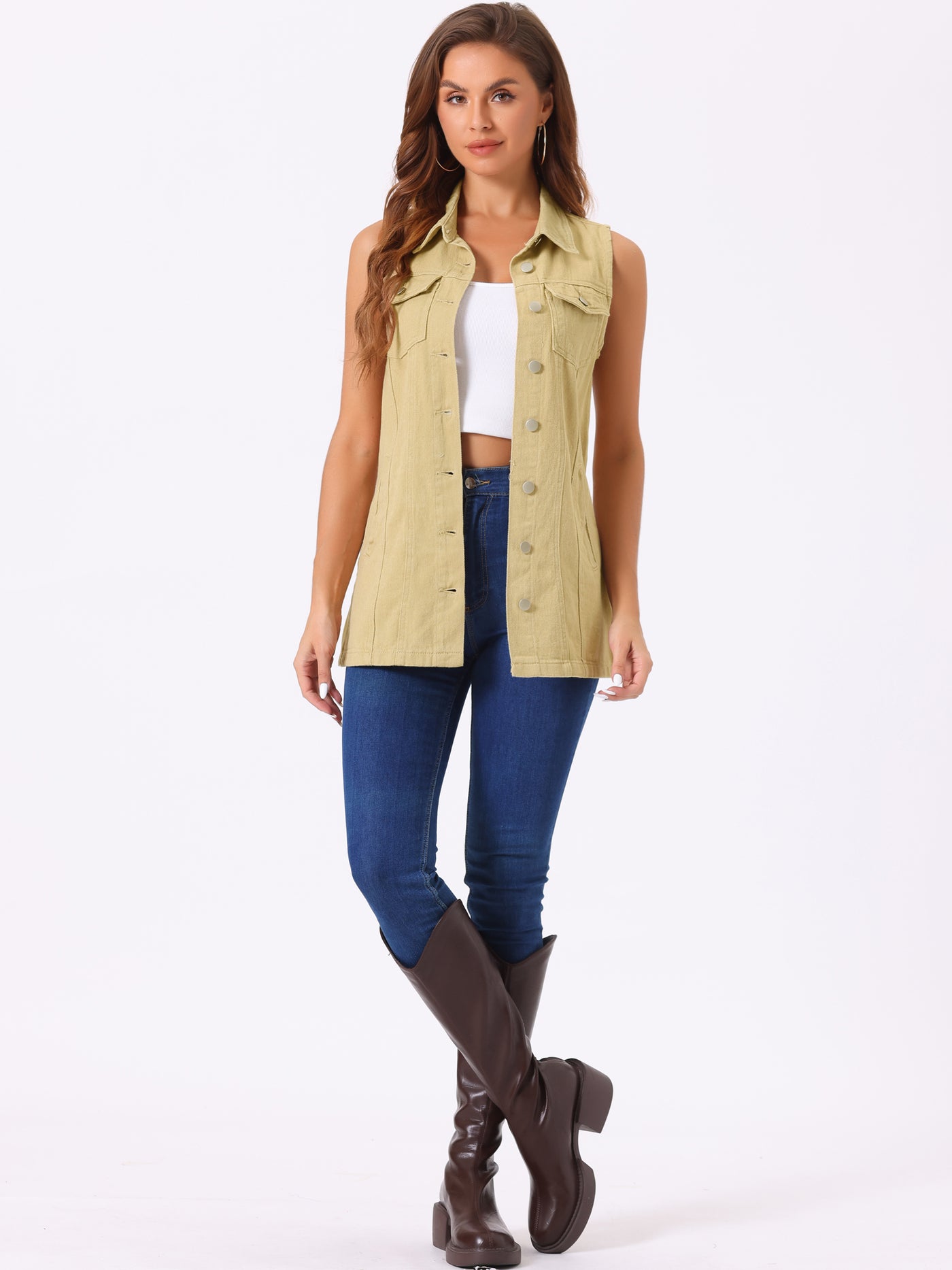 Allegra K Casual Button Down Waistcoat Sleeveless Mid Long Denim Vest