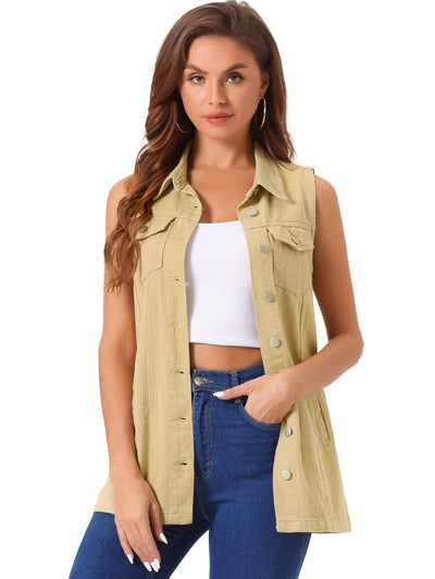 Casual Button Down Waistcoat Sleeveless Mid Long Denim Vest