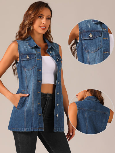 Casual Button Down Waistcoat Sleeveless Mid Long Denim Vest