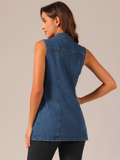 Casual Button Down Waistcoat Sleeveless Mid Long Denim Vest