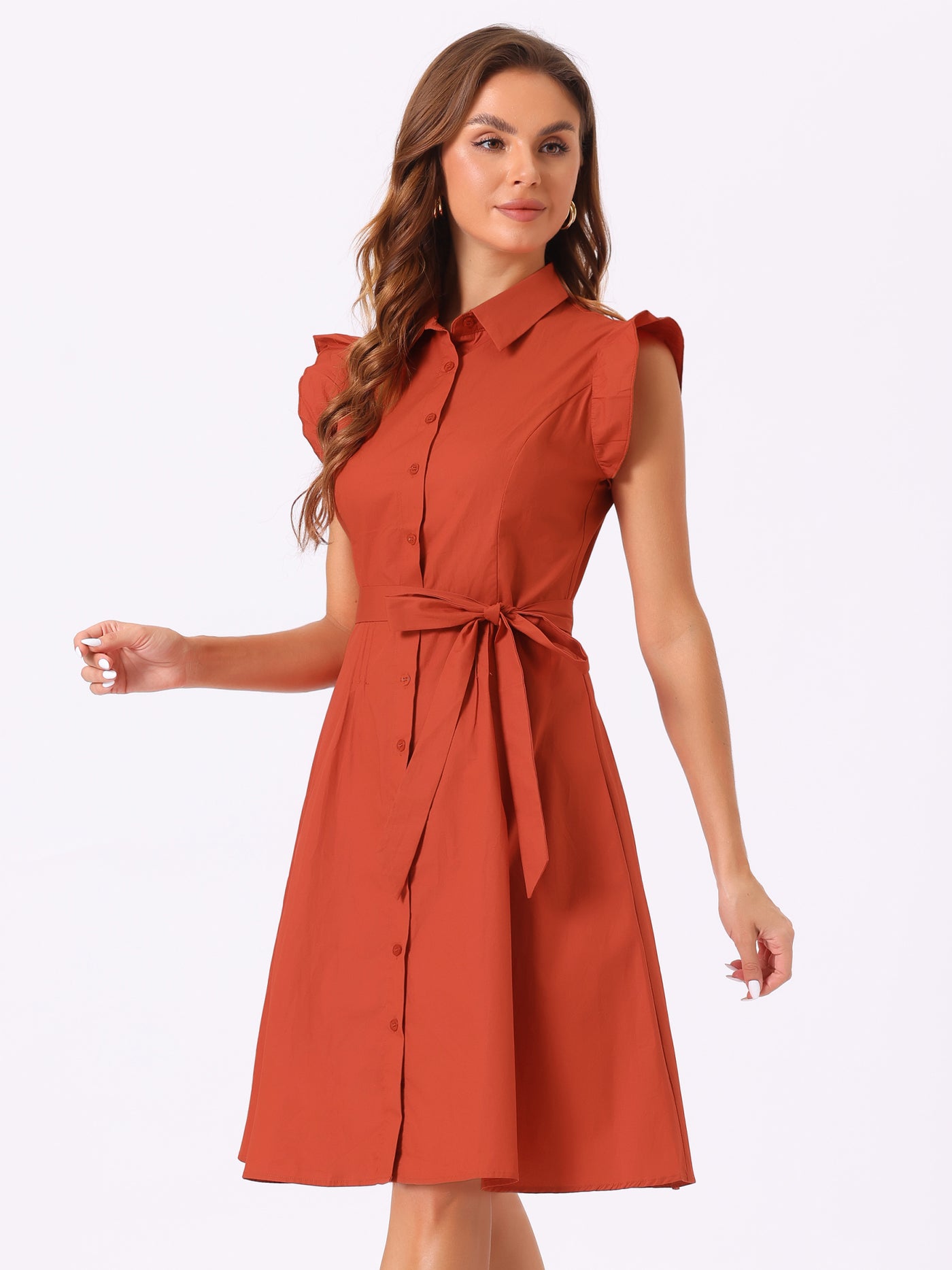 Allegra K Office Ruffled Sleeve Belted Cotton Button Midi Shirt Dress