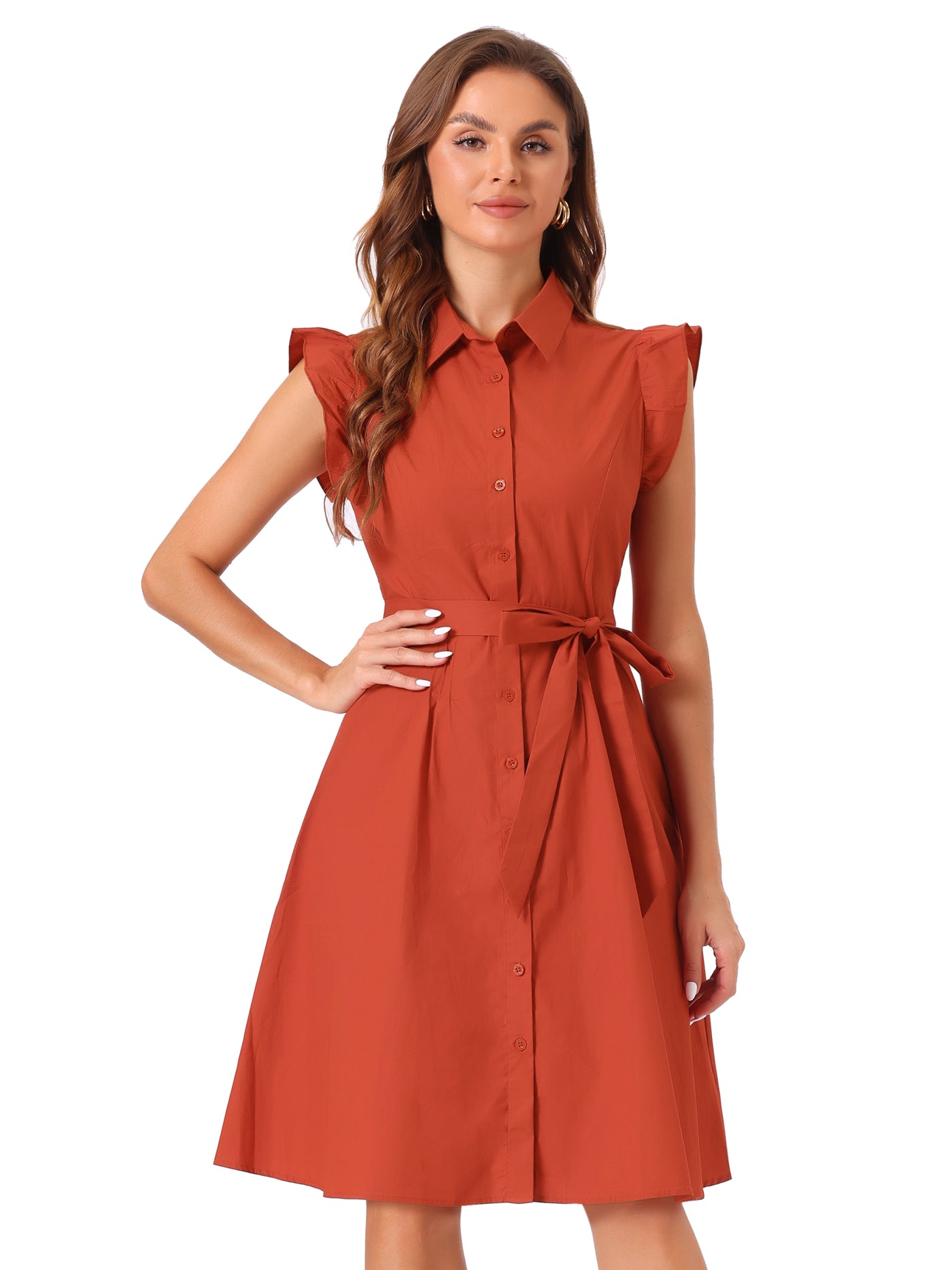 Allegra K Office Ruffled Sleeve Belted Cotton Button Midi Shirt Dress